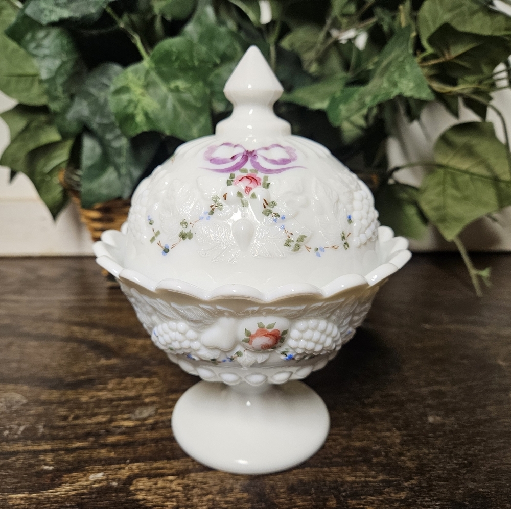 Westmoreland Milk Glass covered candy dish in the "Roses & Bows" pattern.